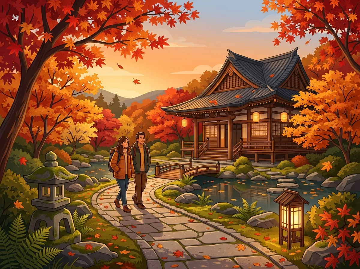 Cartoon autumn landscape in Japan with vivid maple leaves and a temple path