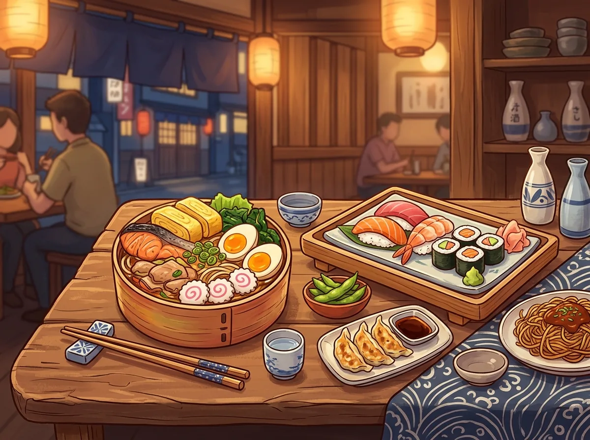 Cartoon Japanese food spread with bento, ramen, sushi, and chopsticks