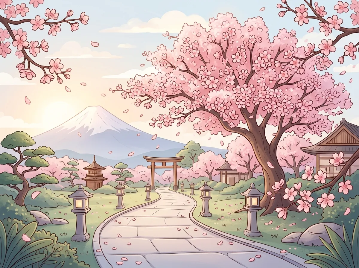 Cartoon sakura landscape with cherry blossoms and Mount Fuji