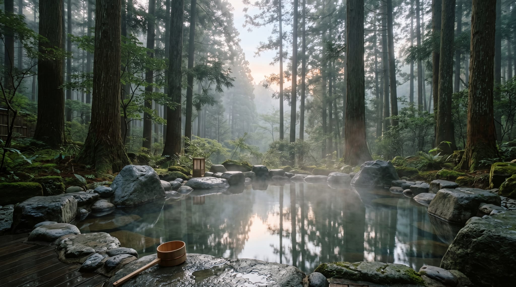 Scenic Japanese hot spring landscape with steam and mountains